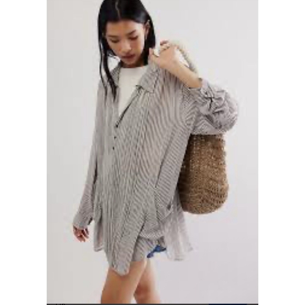 Free People One Waverly Striped Tunic Top XS Oversized Grey Boho FLAW